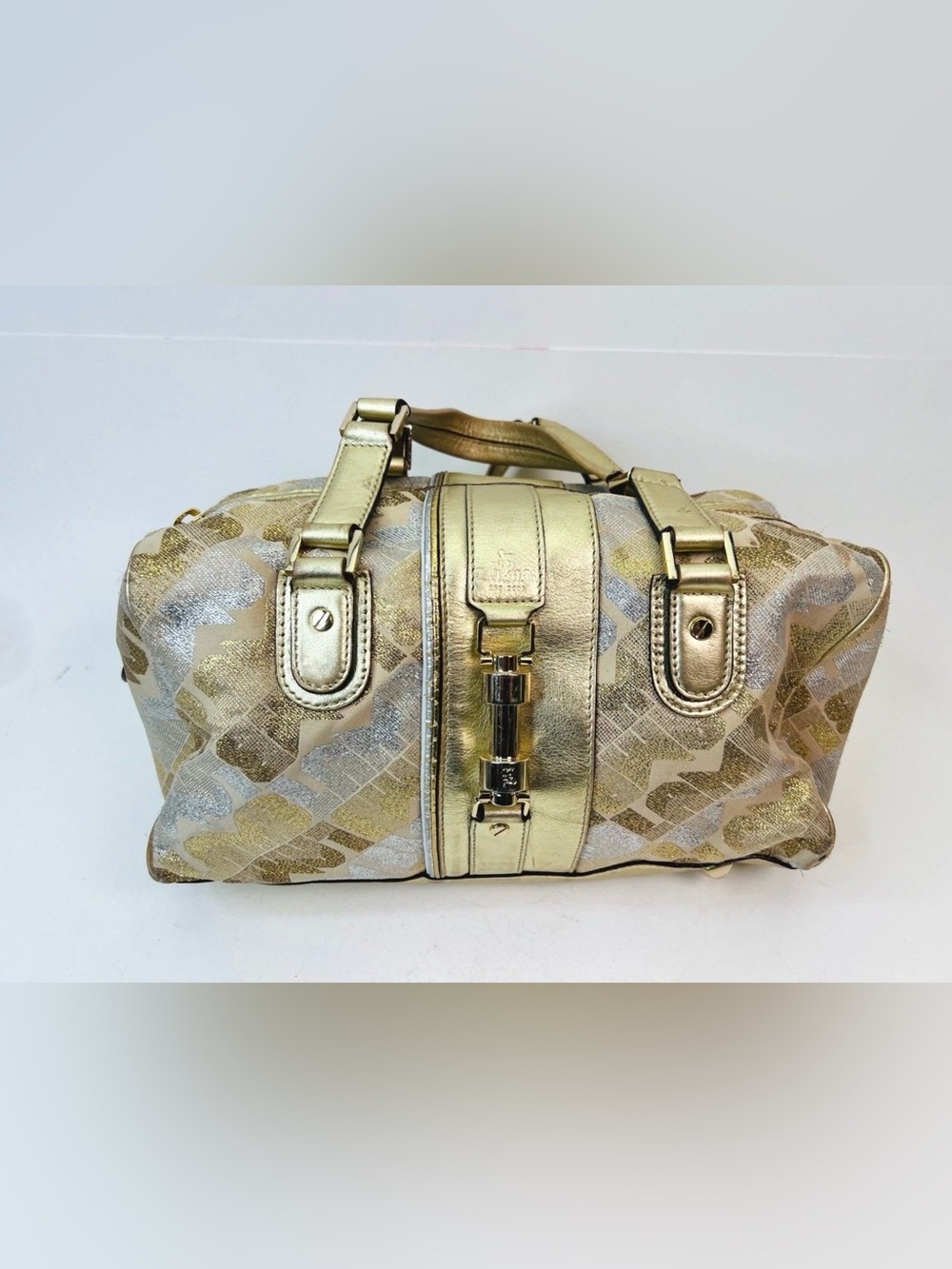L.A.M.B. Gwen Stefani Metallic Gold Silver Jacquard Satchel Bowling Bag! EUC!